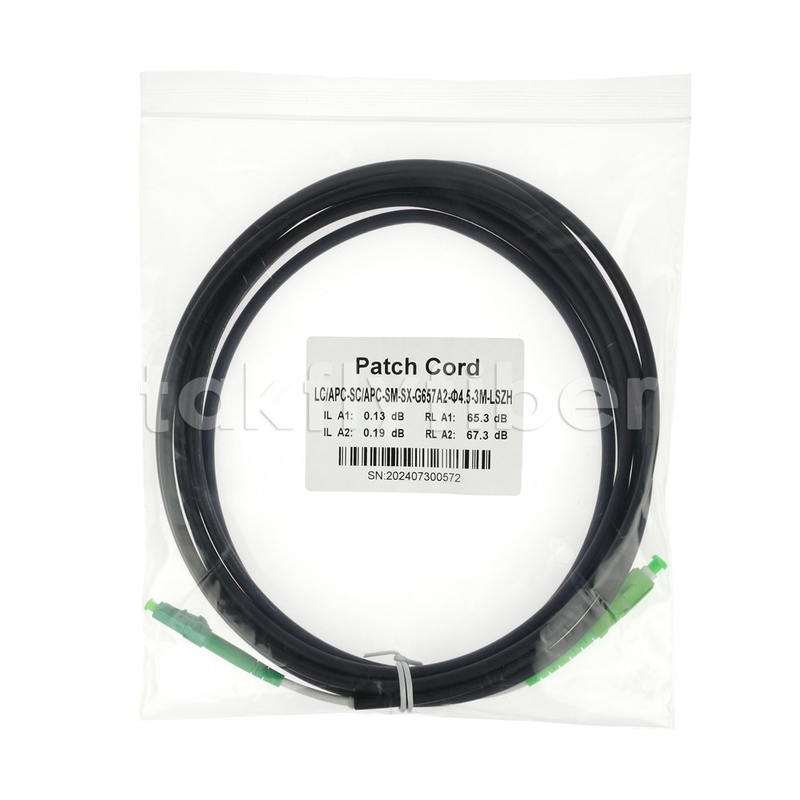 テレコムグレード CPR Dca 認定 4.5mm ダブルシェルツ 光ファイバーパッチコード SM G657AB3 LSZH ブラックジャケット SCAPC から LCAPC